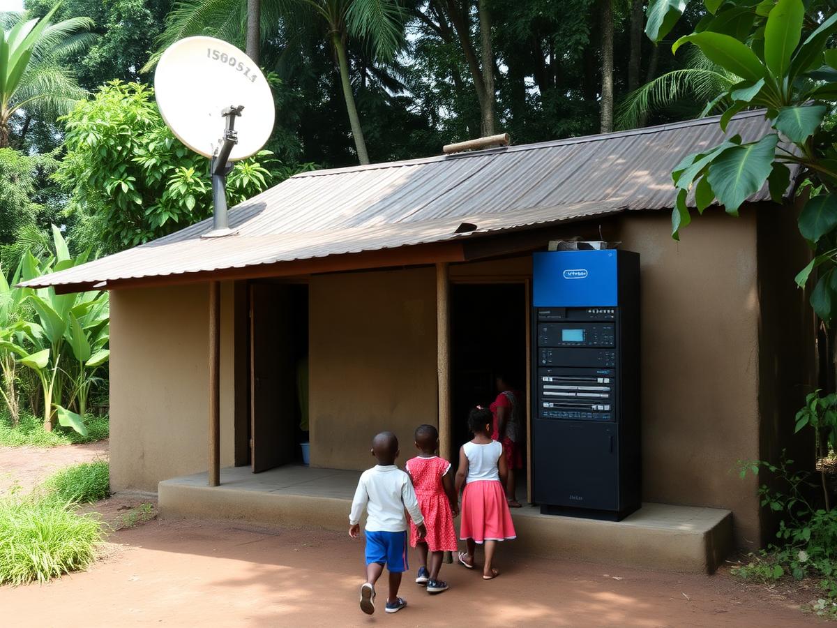 Escola rural amazônica com antena de satélite e servidor local