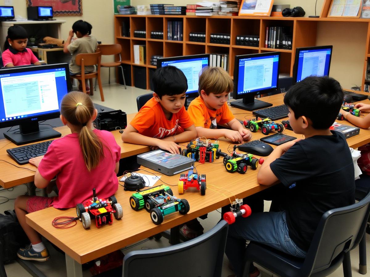 Estudantes trabalhando com robótica e programação